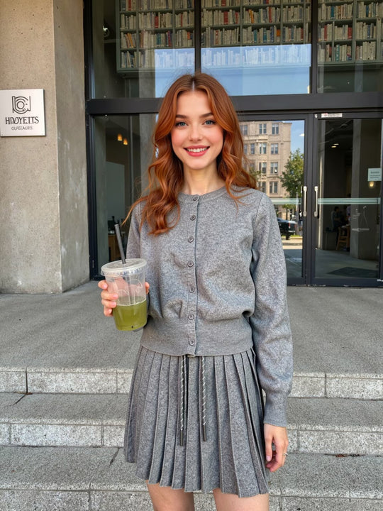 Damen Zweiteiliges Feinstrick-Set mit Knopfcardigan und plissiertem Minirock Nord Taschen