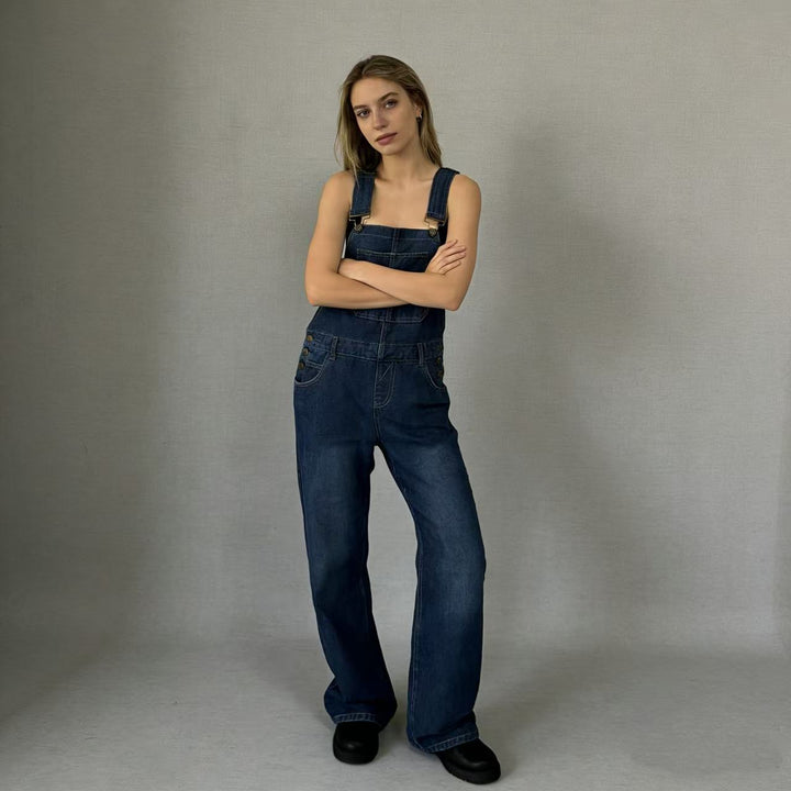 Damen weiche Denim-Latzhose mit weitem Bein, verstellbaren Trägern und Pattentasche Nord Taschen