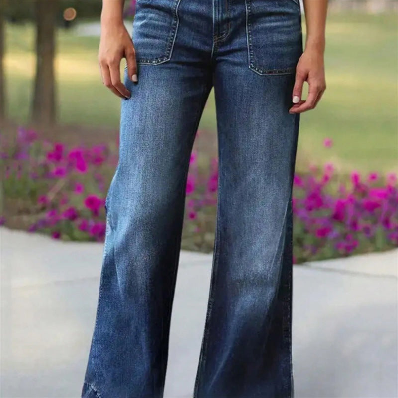 Damen Hochtaillierte Denim-Jeans mit weitem Schlagbein und aufgesetzten Vordertaschen Nord Taschen