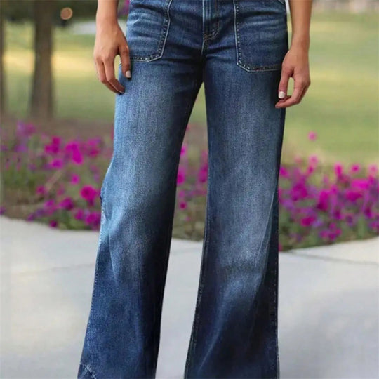 Damen Hochtaillierte Denim-Jeans mit weitem Schlagbein und aufgesetzten Vordertaschen Nord Taschen