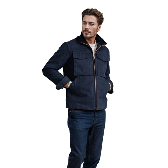 Herren Kurze Denim-Fieldjacke mit Stehkragen, Reißverschluss und aufgesetzten Brusttaschen Nord Taschen