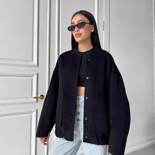 Damen Kurz geschnittener kastiger Wollmix-Blouson mit Druckknopfleiste und aufgesetzten Taschen Nord Taschen