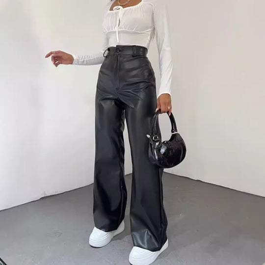 Damen Weite High-Waist-Hose aus Satinoptik mit weitem Bein Nord Taschen