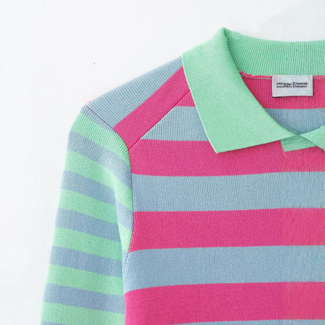 Damen Gestreifte Kurzjacke-Cardigan mit Polokragen und Knopfleiste Nord Taschen