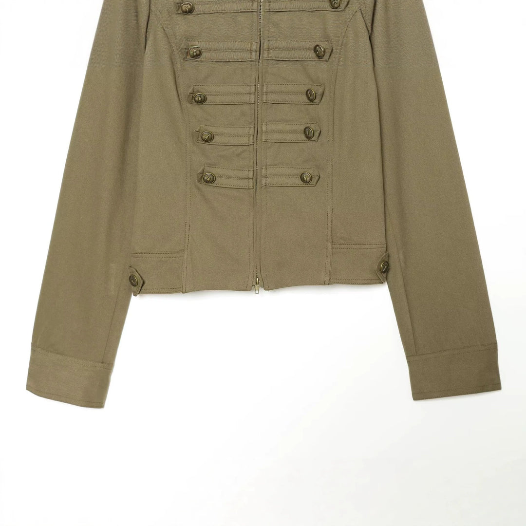 Damen Militärinspirierte taillierte Feldjacke mit Stehkragen und Zierknopfleisten Nord Taschen