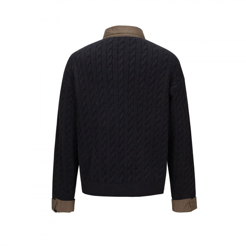 Herren Strukturiertes Zopfmuster-Henley-Strickshirt mit Kontrast-Hemdkragen und Umschlagmanschetten Nord Taschen