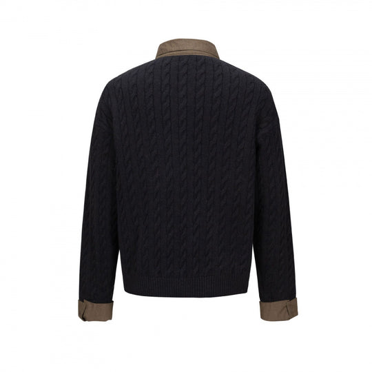 Herren Strukturiertes Zopfmuster-Henley-Strickshirt mit Kontrast-Hemdkragen und Umschlagmanschetten Nord Taschen