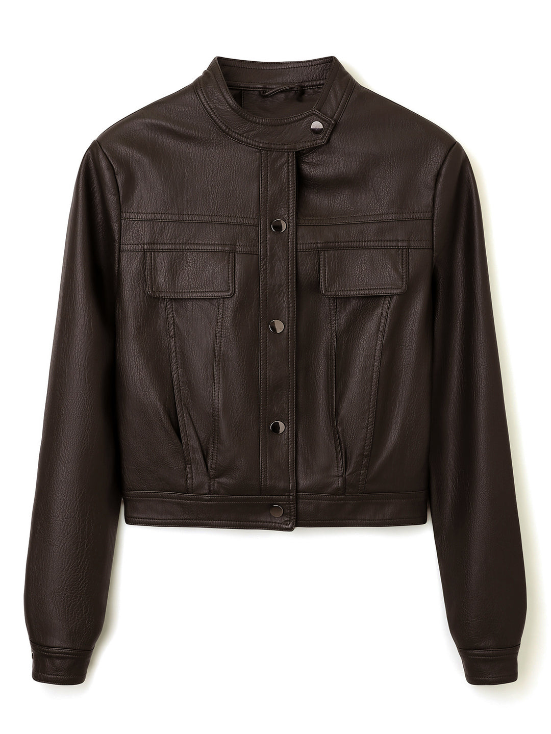 Damen Kurz geschnittene Lederjacke mit Stehkragen und Pattentaschen Nord Taschen