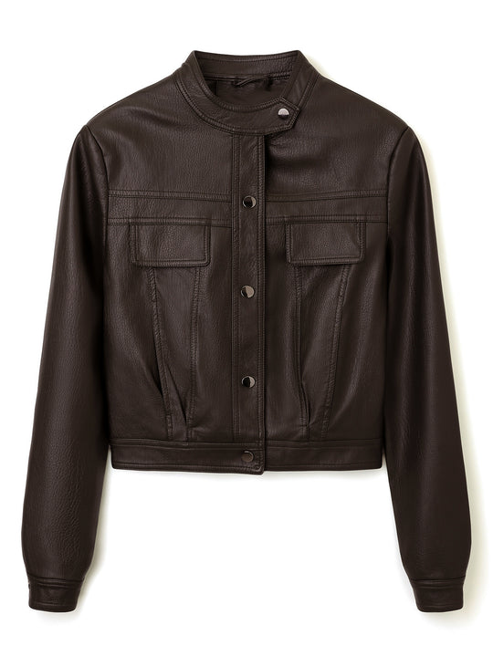 Damen Kurz geschnittene Lederjacke mit Stehkragen und Pattentaschen Nord Taschen