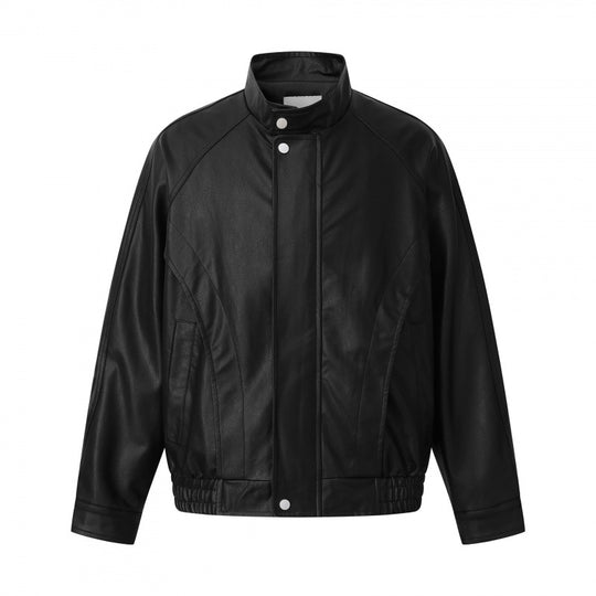 Unisex Kurz geschnittene kastige Kunstleder-Bomberjacke mit hohem Stehkragen, Druckknopfblende und elastischem Saum Nord Taschen