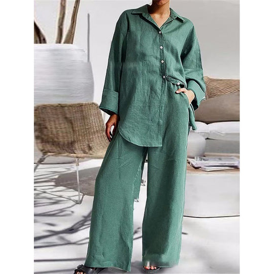 Damen Leinen-Lounge-Set mit weitem Hemd und Palazzo-Hose Nord Taschen