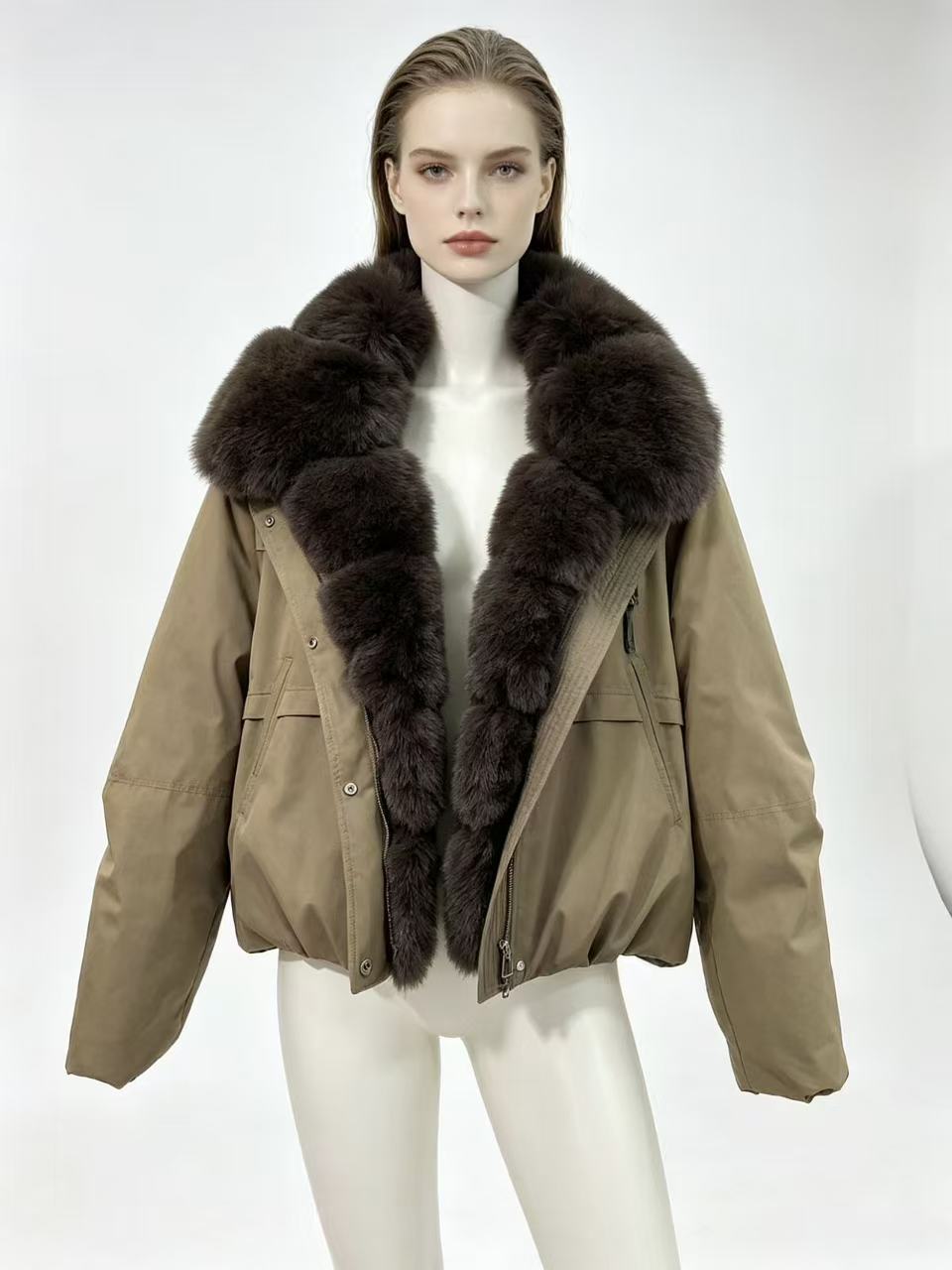 Damen nan taillierte Parka-Bomberjacke mit voluminösem Webpelzkragen und windabweisender Außenhülle Nord Taschen