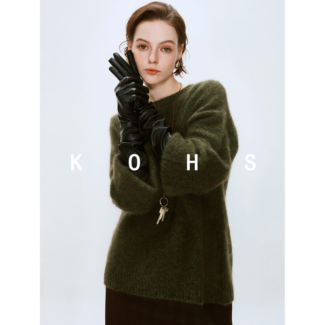 Damen Oversize Mohair-Optik Pullover mit Rundhalsausschnitt Nord Taschen