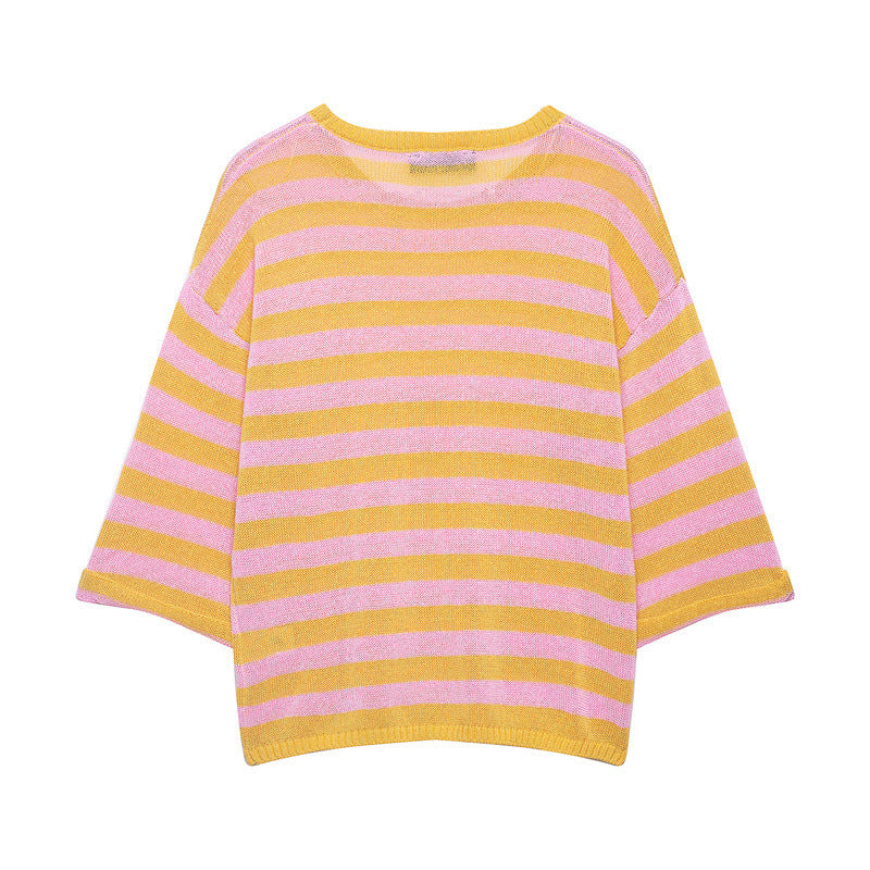 Damen Gestreifter Oversize-Strickpullover mit weitem dreiviertelärmel und Rundhalsausschnitt Nord Taschen