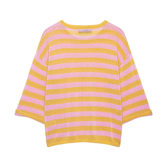 Damen Gestreifter Oversize-Strickpullover mit weitem dreiviertelärmel und Rundhalsausschnitt Nord Taschen