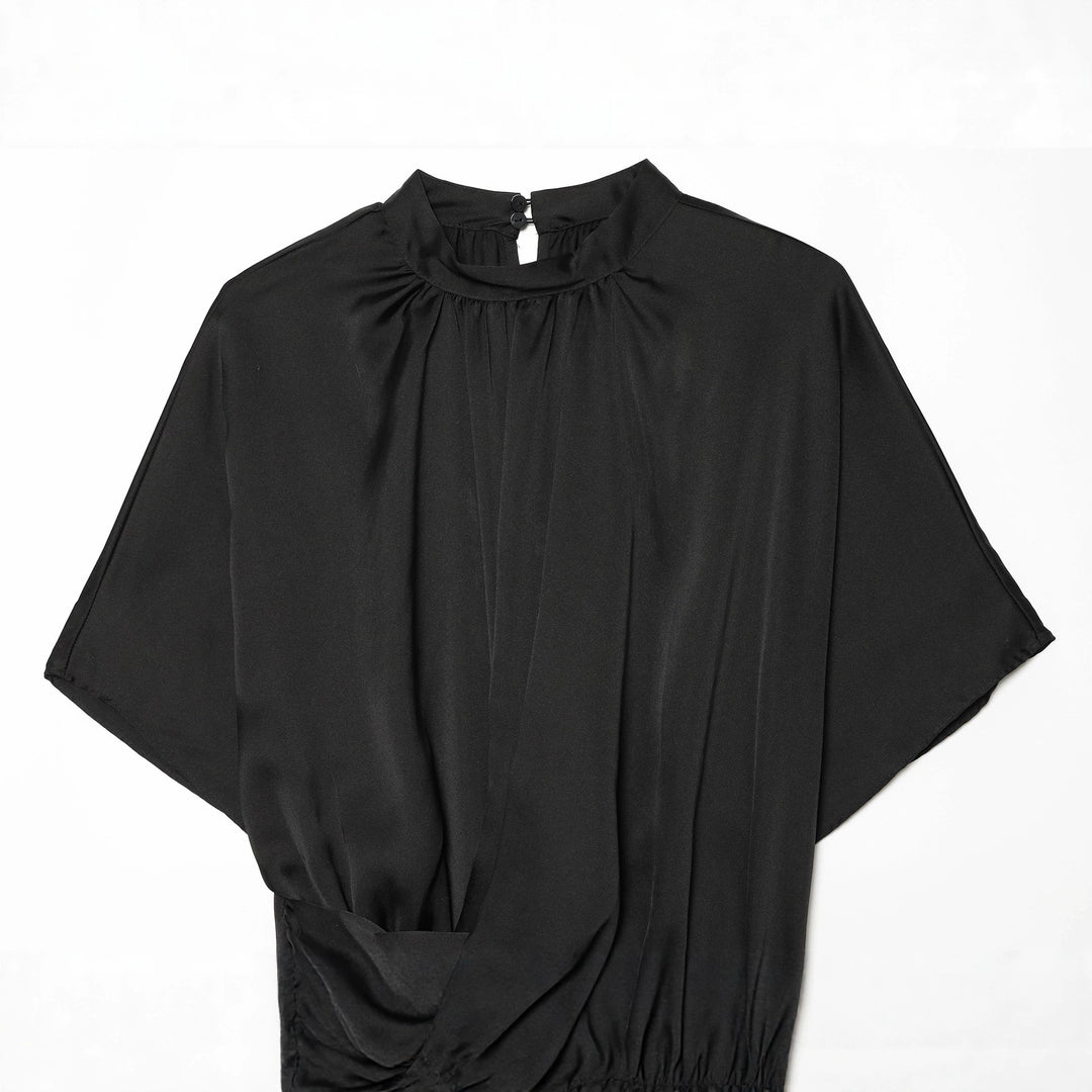 Damen Elegante Bluse mit Stehkragen, geraffter Taille und Volant-Saum Nord Taschen