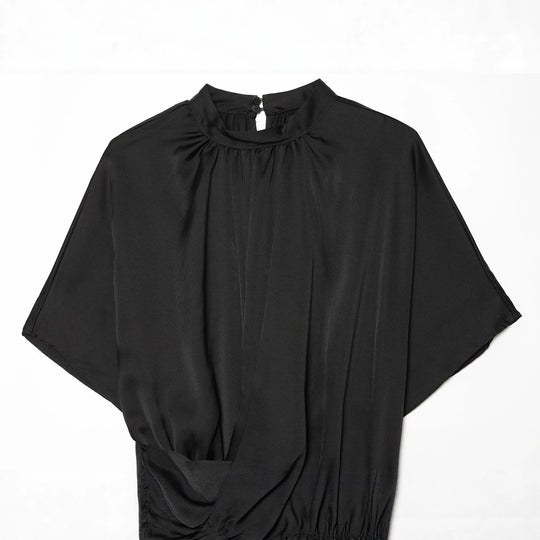 Damen Elegante Bluse mit Stehkragen, geraffter Taille und Volant-Saum Nord Taschen