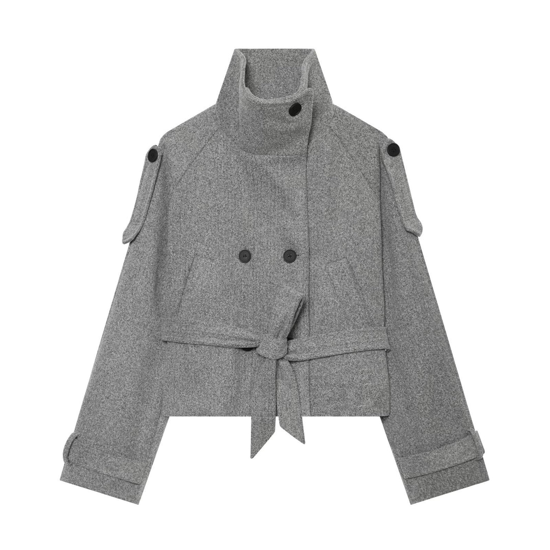 Damen Kurze Wollmix-Capejacke mit Taillengürtel und Funnelkragen Nord Taschen