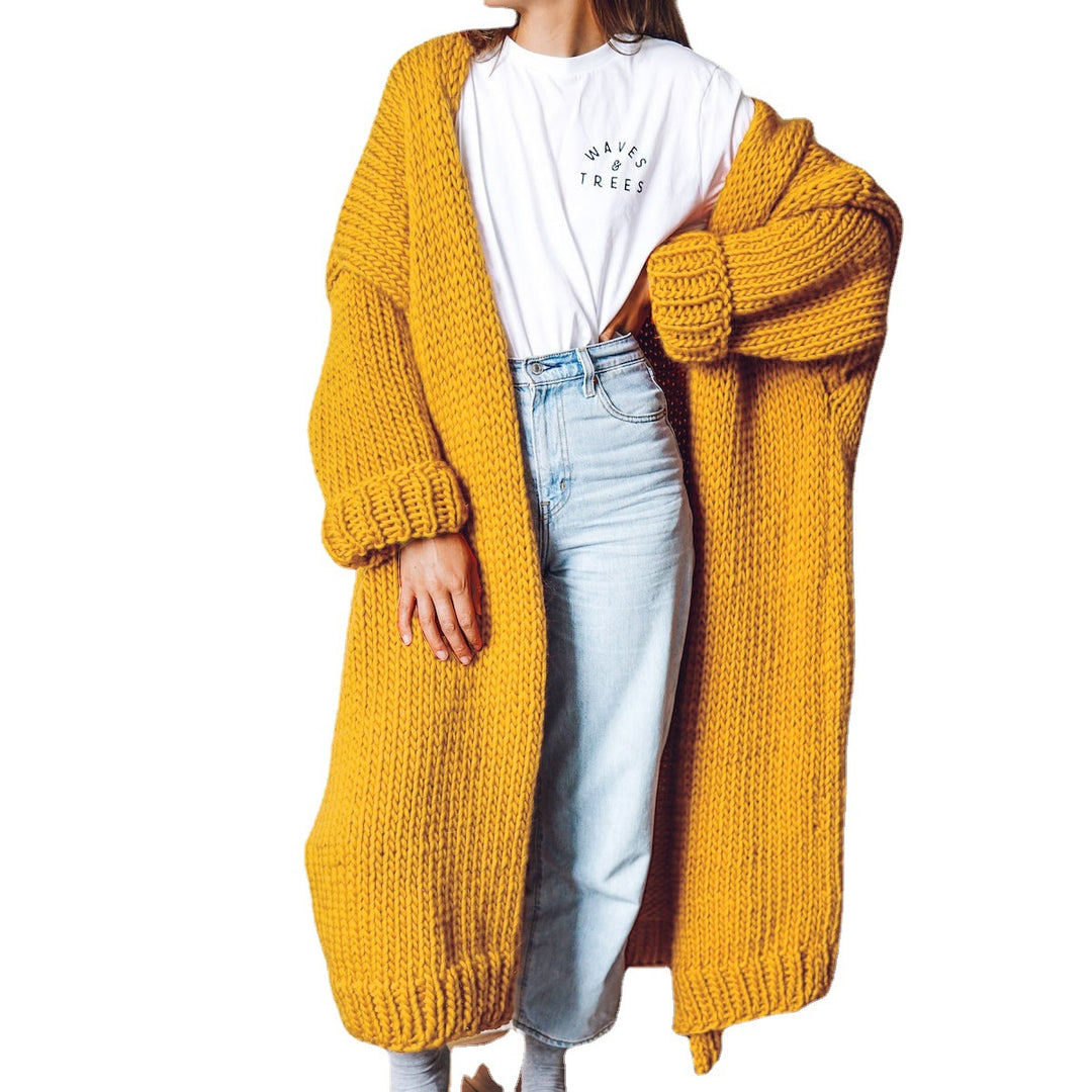 Damen Oversize Maxi Grobstrick-Cardigan mit offener Front und voluminösen Ärmeln Nord Taschen