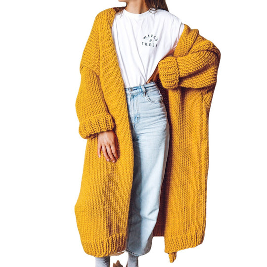 Damen Oversize Maxi Grobstrick-Cardigan mit offener Front und voluminösen Ärmeln Nord Taschen