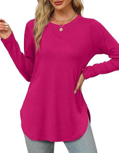 Damen Lässiges Longsleeve-Tunikaoberteil mit Rundhalsausschnitt, Seitenschlitzen und Aquarell-Blattprint Nord Taschen