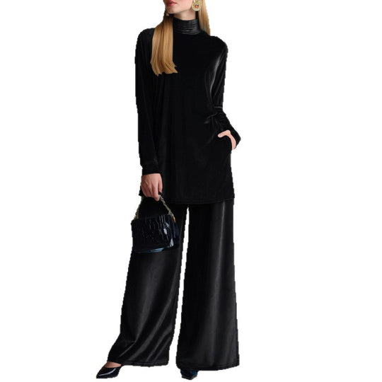 Damen Oversize-Samt-Set mit Rollkragen und weitem Palazzohose Nord Taschen