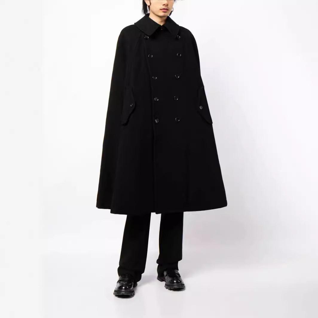 Herren zweireihiger Cape-Mantel aus Wollmix mit Umhangschnitt Nord Taschen