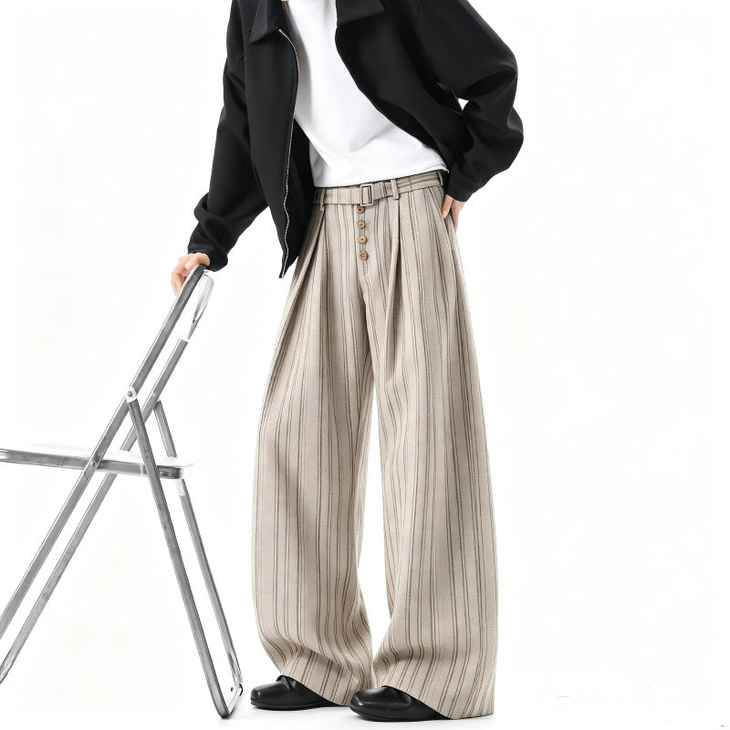 Herren Weite Nadelstreifen-Hose im Baggy‑Cut mit hoher Taille, Falten und Zierknopfleiste Nord Taschen