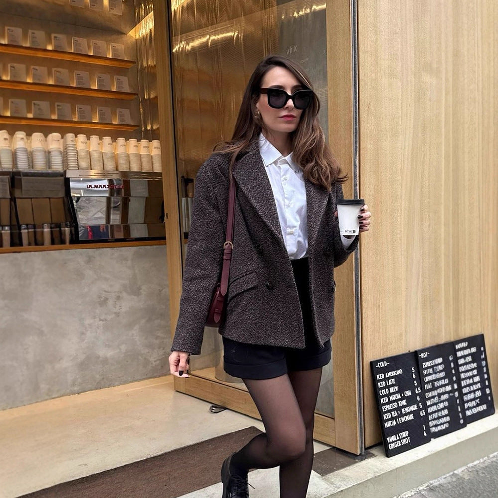 Damen Kurztaillierter Doppelreiher-Blazer aus Bouclé‑Tweed Nord Taschen