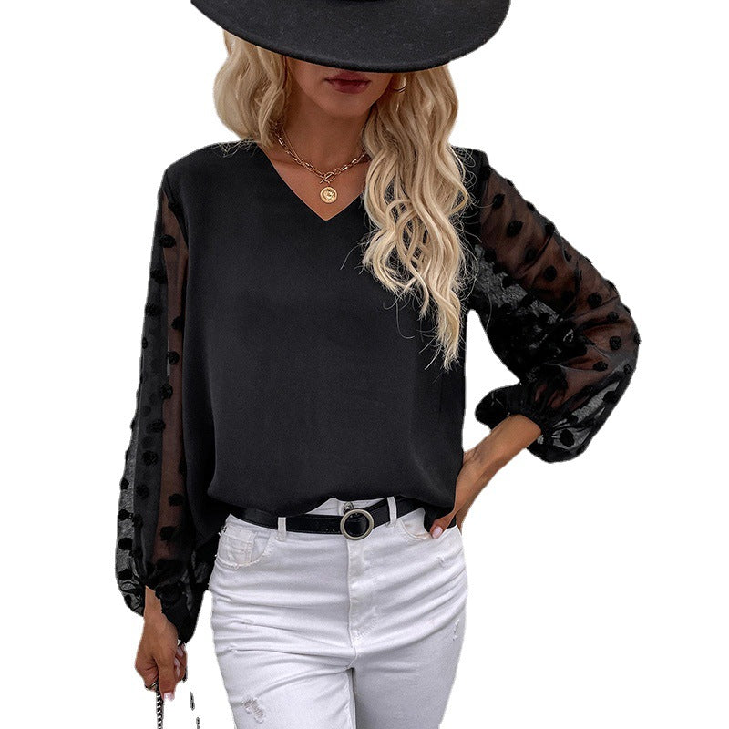 Damen Chiffon-Bluse mit transparenten Puffärmeln und 3D‑Pompom‑Details Nord Taschen