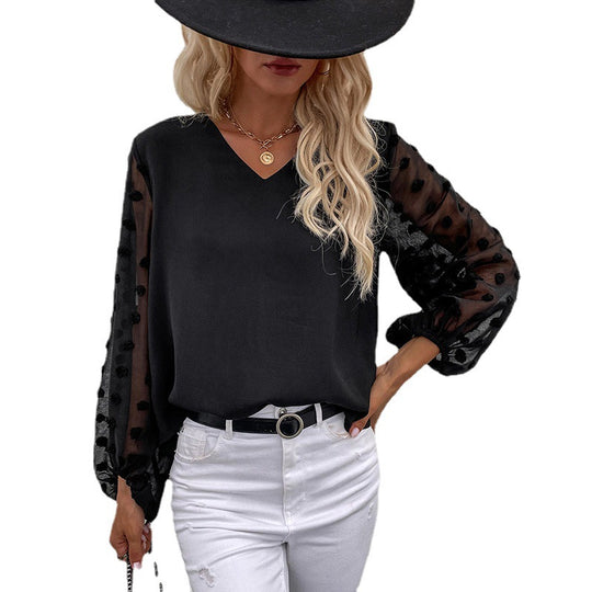 Damen Chiffon-Bluse mit transparenten Puffärmeln und 3D‑Pompom‑Details Nord Taschen
