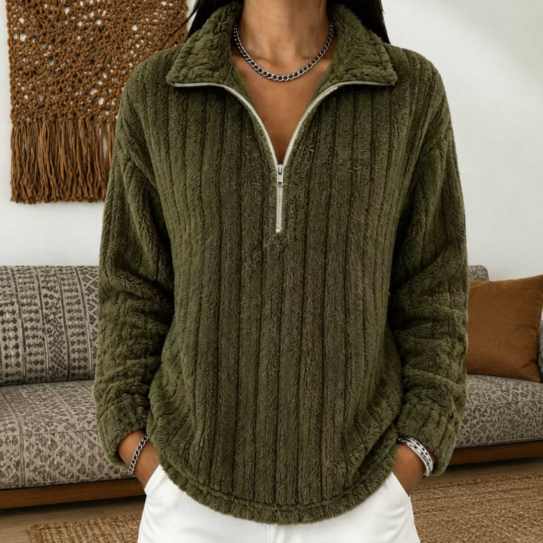 Damen Kuscheliger Plüsch-Halfzip-Pullover mit Stehkragen Nord Taschen