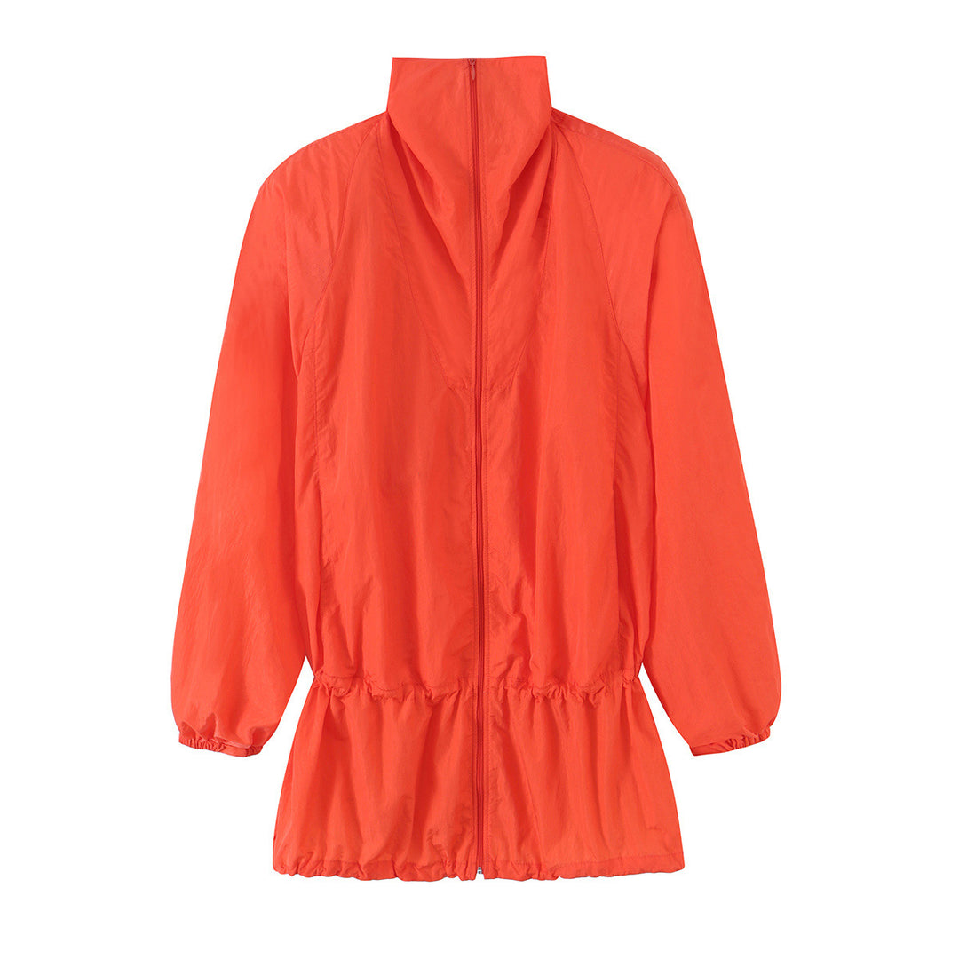 Damen Leichte Longline-Übergangsjacke mit Tunnelzugtaillierung und Stehkragen Nord Taschen