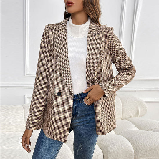 Damen Oversize Hahnentritt-Blazer mit Reverskragen und Pattentaschen Nord Taschen