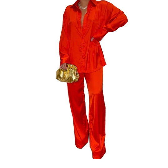 Damen Satin-Hemd und Palazzo-Hose Lounge-Set Nord Taschen