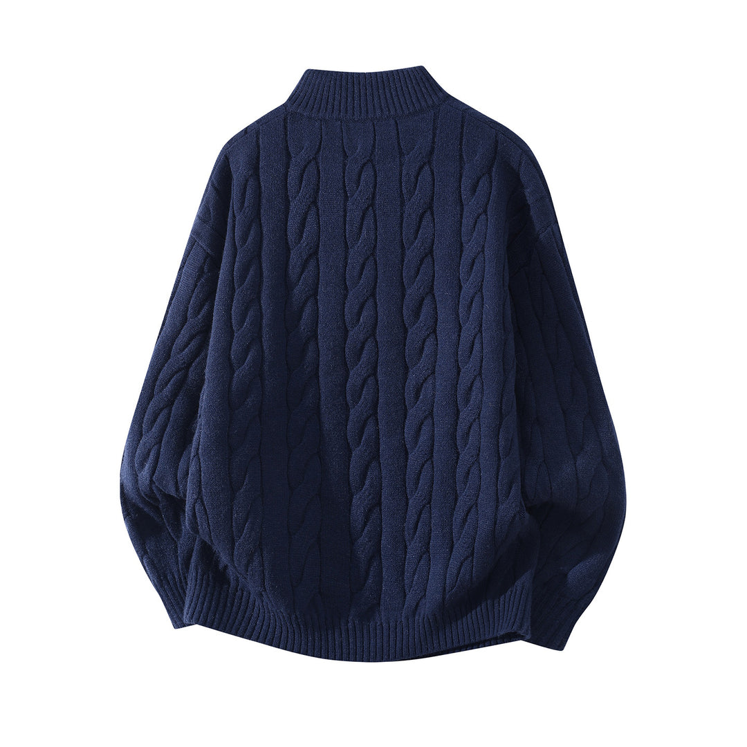 Damen Oversize Zopfmuster-Halbreißverschluss-Pullover mit Ballonärmeln und Stehkragen Nord Taschen