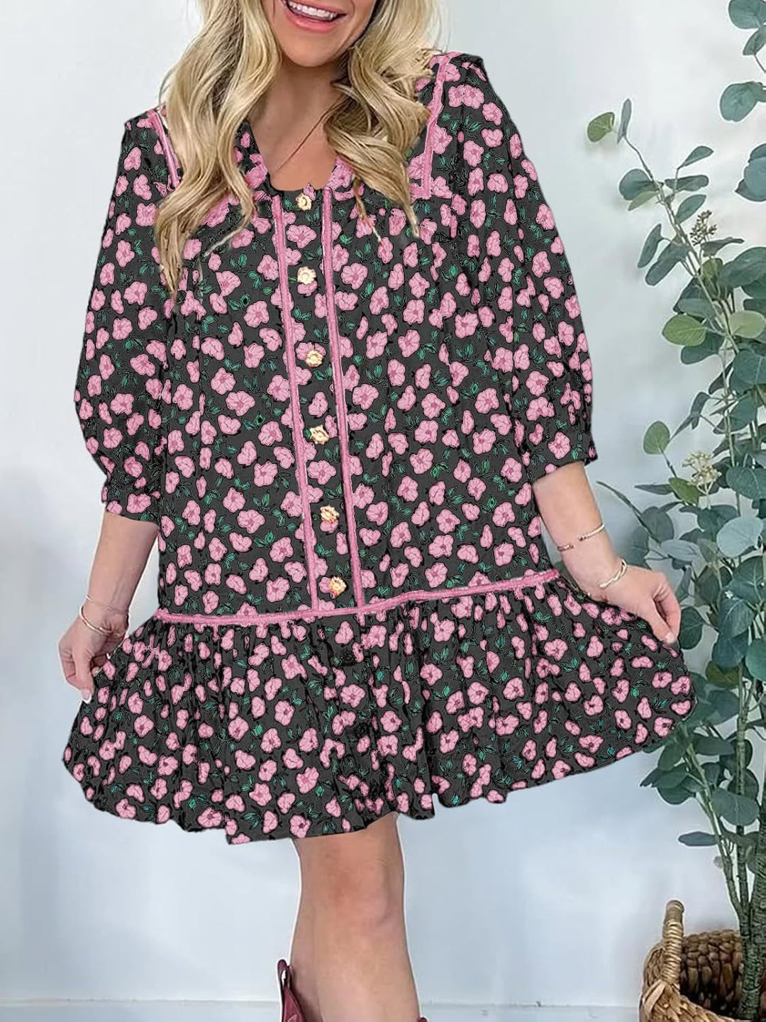 Damen Florales Mini-Hemdkleid mit übergroßem Matrosenkragen Nord Taschen