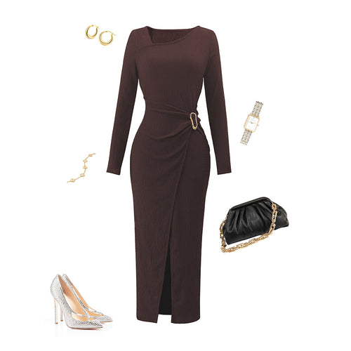 Damen asymmetrisches Wickel-Midikleid mit Ziergürtel, Drapierung und hohem Beinschlitz Nord Taschen