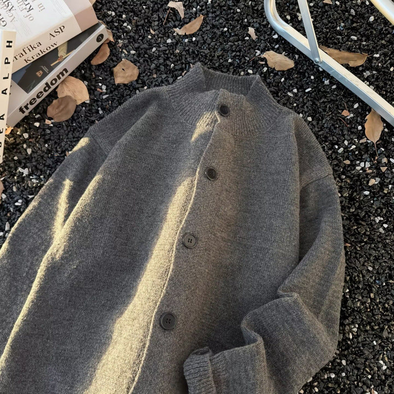 Unisex Oversized Wollmix-Cardigan mit Rundhalsausschnitt, Knopfleiste und geripptem Saum Nord Taschen
