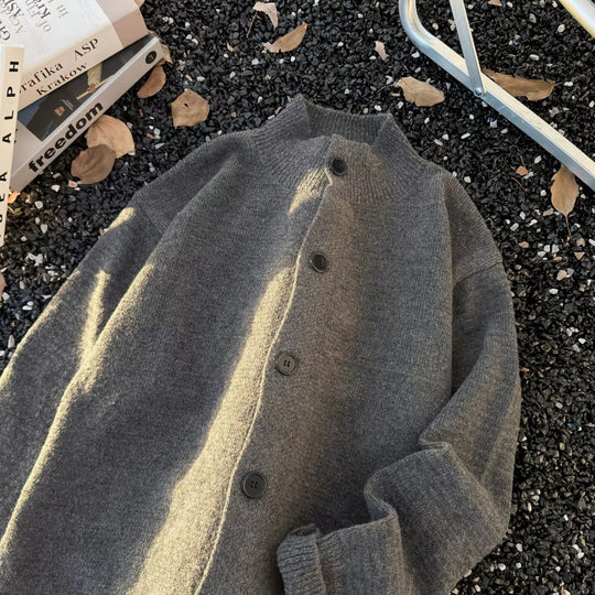 Unisex Oversized Wollmix-Cardigan mit Rundhalsausschnitt, Knopfleiste und geripptem Saum Nord Taschen