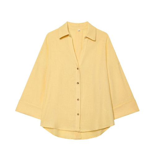 Damen Oversized Leinenbluse mit Kimonoärmeln und durchgehender Knopfleiste Nord Taschen