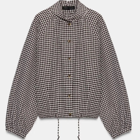 Damen Kurzblousonjacke im Vichykaro mit hohem Stehkragen und Tunnelzugsaum Nord Taschen