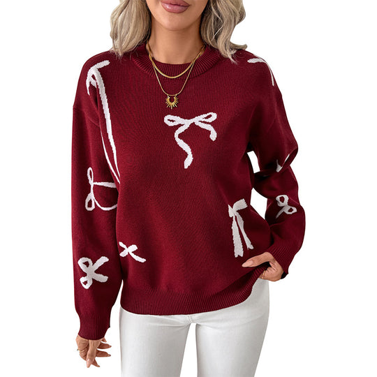 Damen Feiner Jacquard-Strickpullover mit Schleifenmotiv, Rundhalsausschnitt und geripptem Saum Nord Taschen