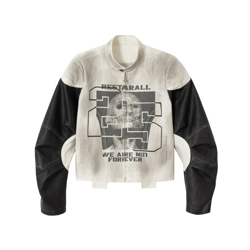 Unisex Kurz geschnittene Boxy‑Bikerjacke im Vintage‑Lederlook mit grafischem Skull‑Print und Stehkragen Nord Taschen