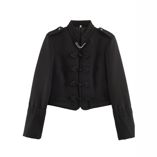Damen Kurzblazer im Militärstil mit Kordelverzierung, Stehkragen und Zierfroschknöpfen Nord Taschen