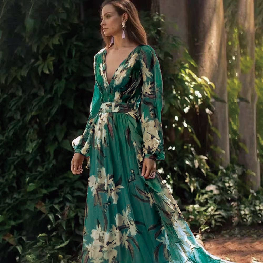 Damen Maxikleid Fließendes V-Ausschnitt