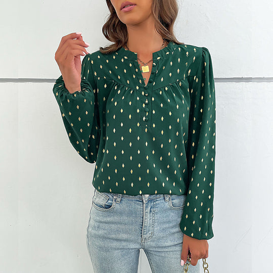 Damen Leichte Viskosebluse mit zartem Ikat‑Print, Stehkragen und dekorativer Knopfleiste Nord Taschen