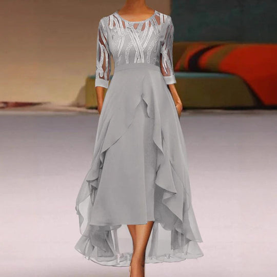 Damen nan edles Chiffon-Abendkleid mit besticktem Tülloberteil, Dreiviertelärmeln und asymmetrischem Stufen-Saum Nord Taschen