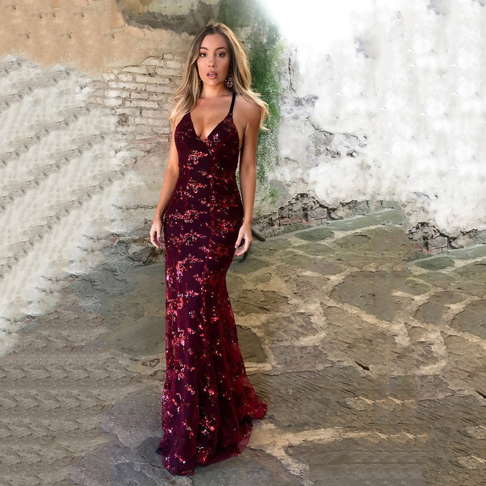 Damen Glamouröses langes Abendkleid mit Pailletten und tiefem V-Ausschnitt
