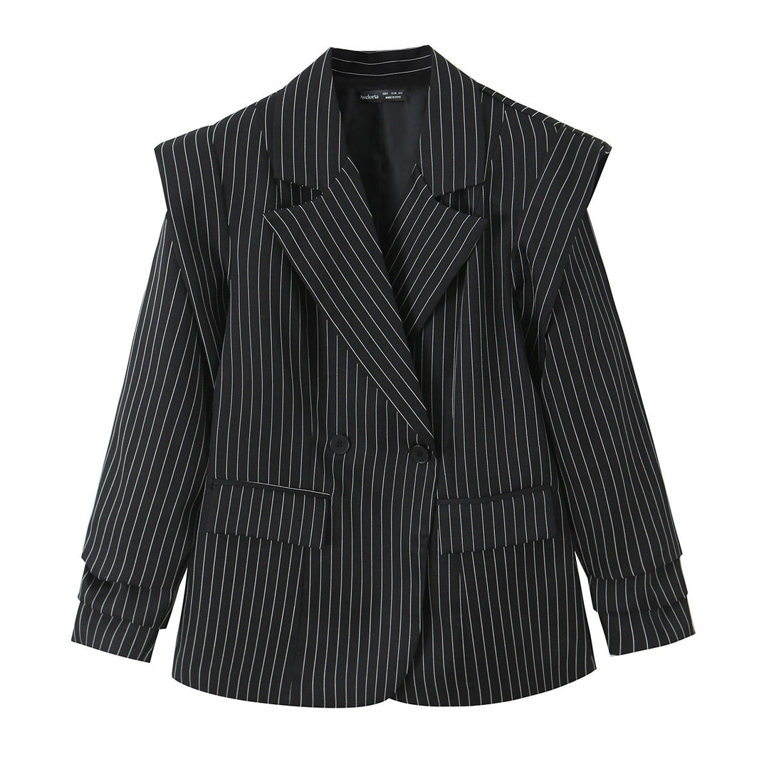 Damen Zweireihiger Oversize-Blazer mit markanten Schulterpolstern und Nadelstreifen Nord Taschen